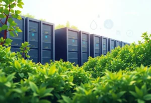 Illustration of data centers with greenery, focusing on environmental concerns