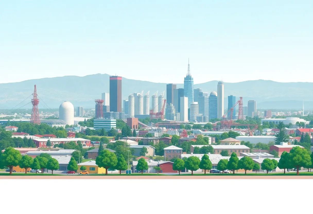 Illustration of California skyline with industrial zones and greenery, symbolizing environmental policies.