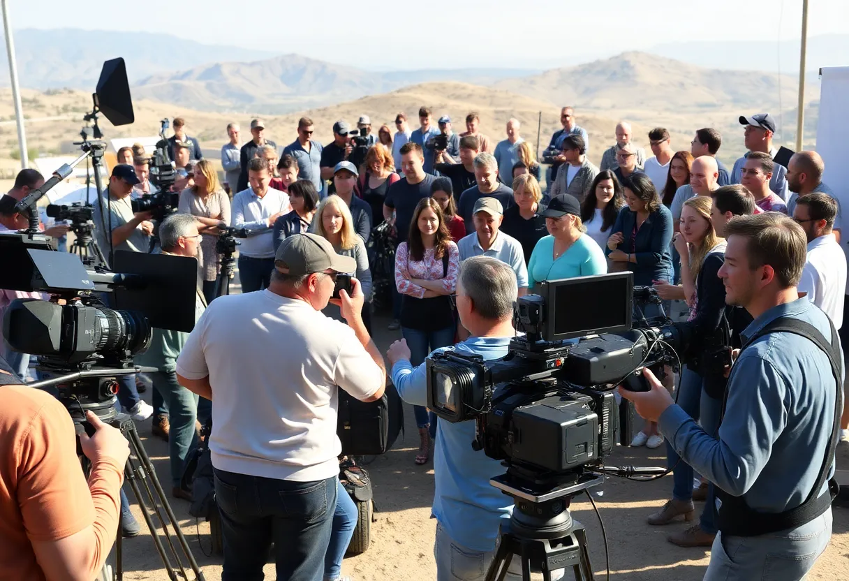 A film set in California showcasing crew and actors working on a production.