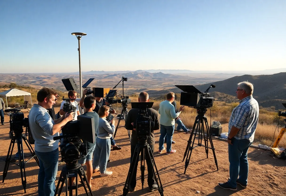 Film production set in California featuring crews and equipment