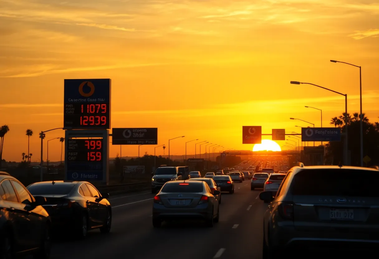 California highway with gas station showing high prices