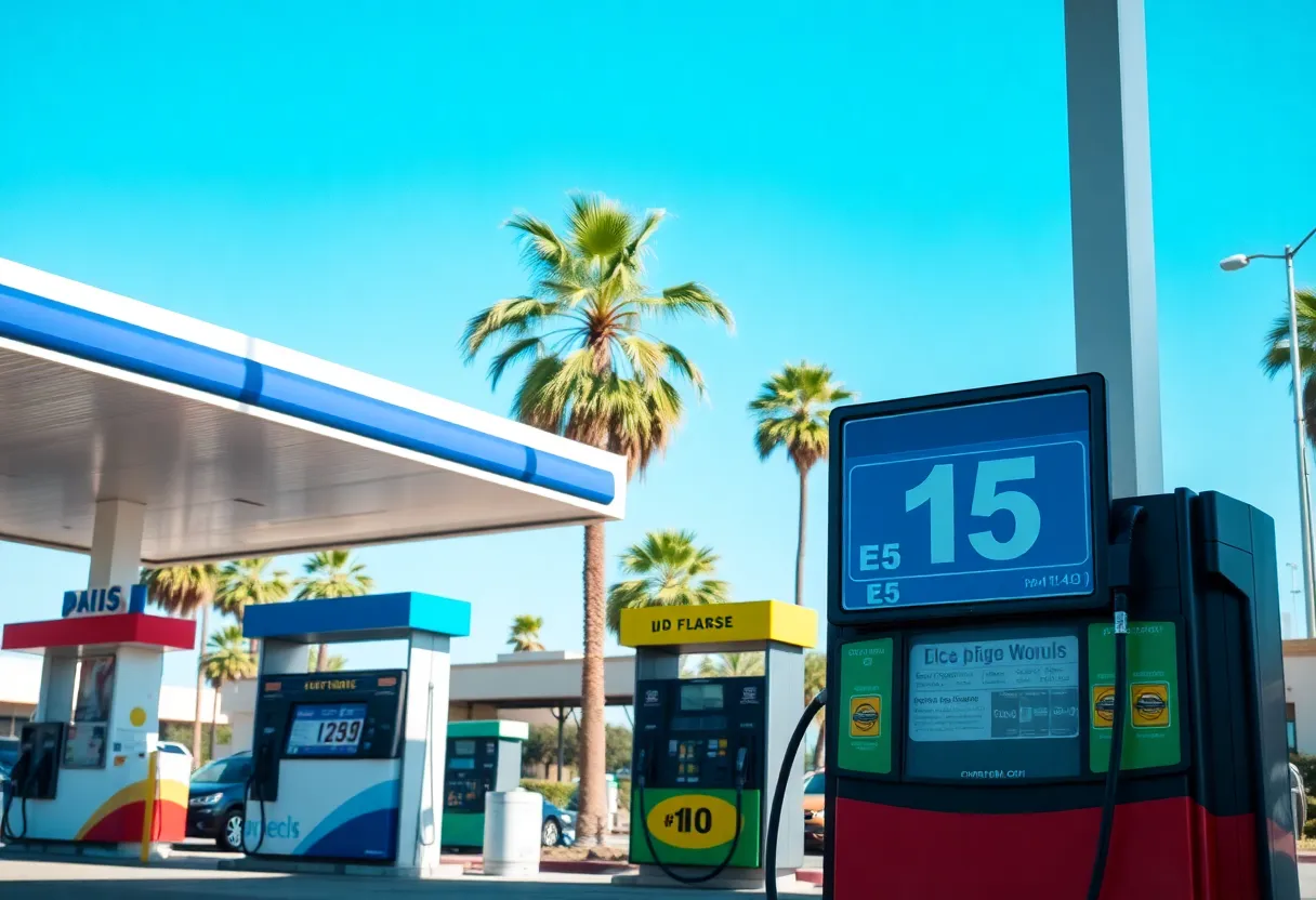 A California gas station displaying E15 fuel signage among other fuel options.