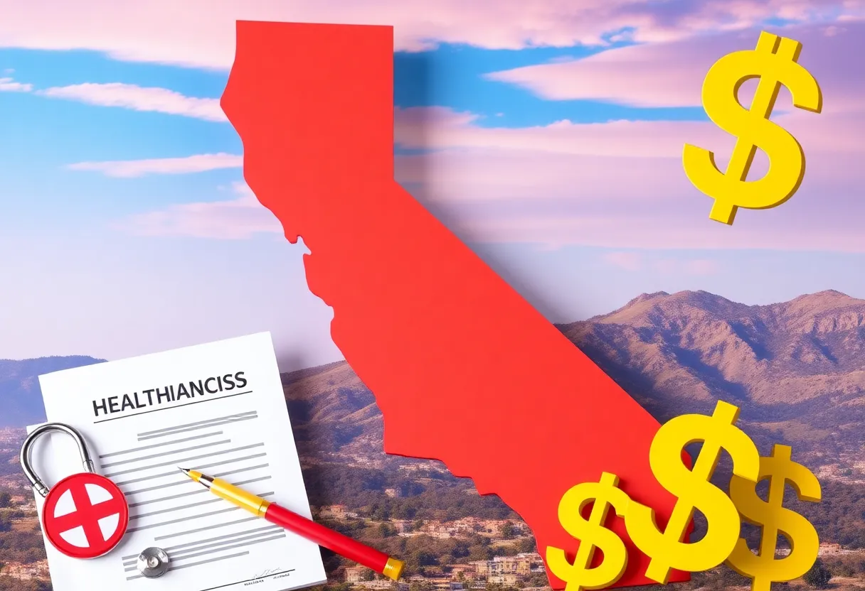 Illustration of California health insurance crisis with symbols of healthcare and financial distress.