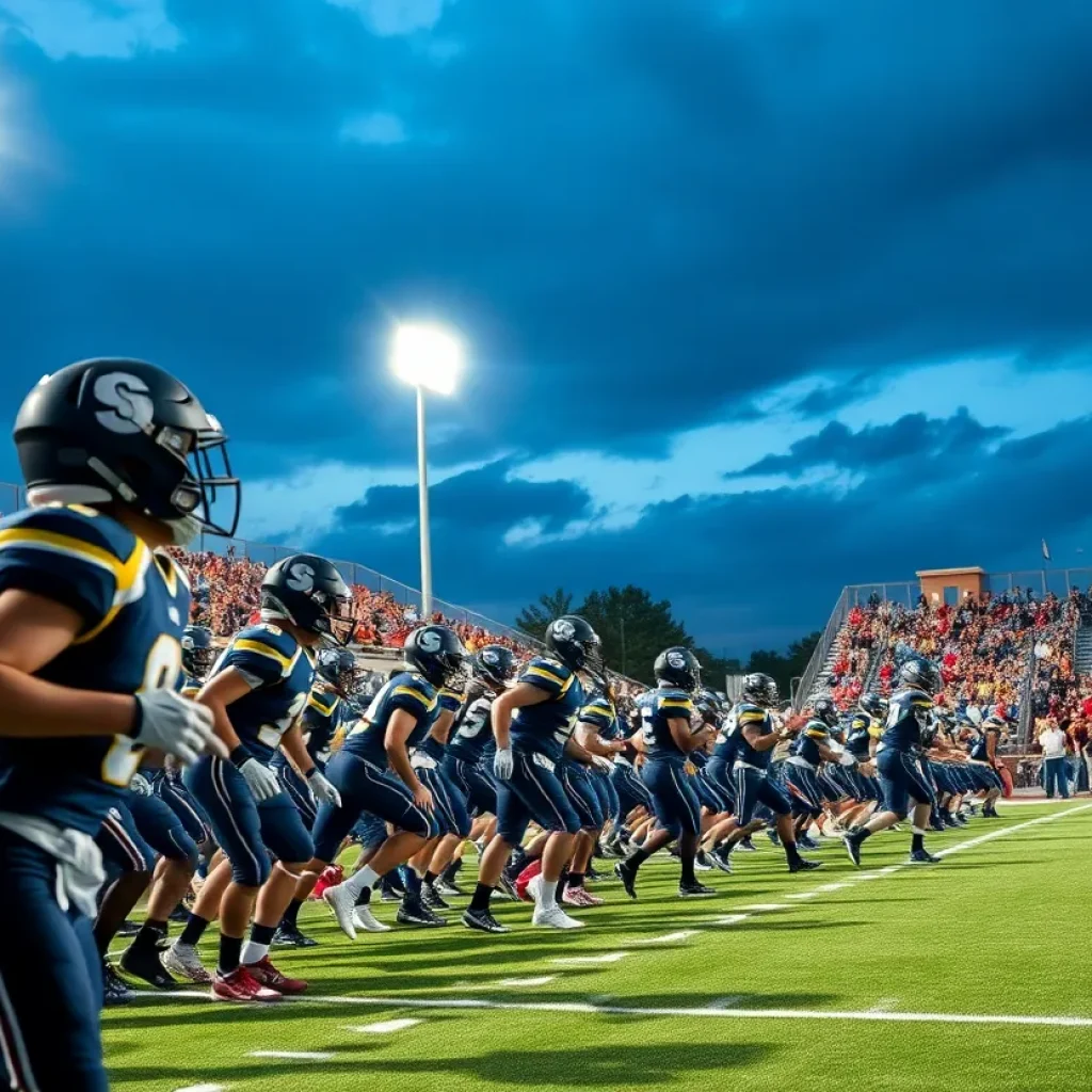 High school football game featuring players in action
