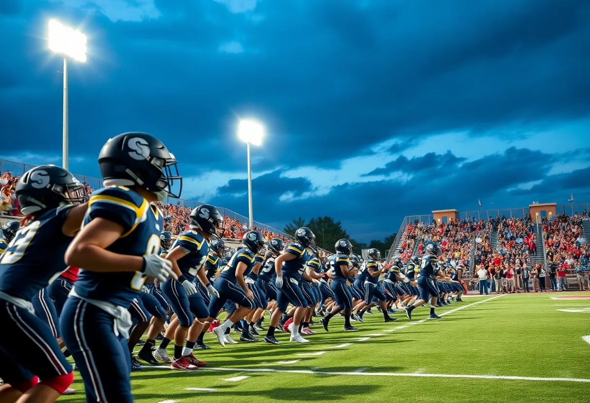 High school football game featuring players in action