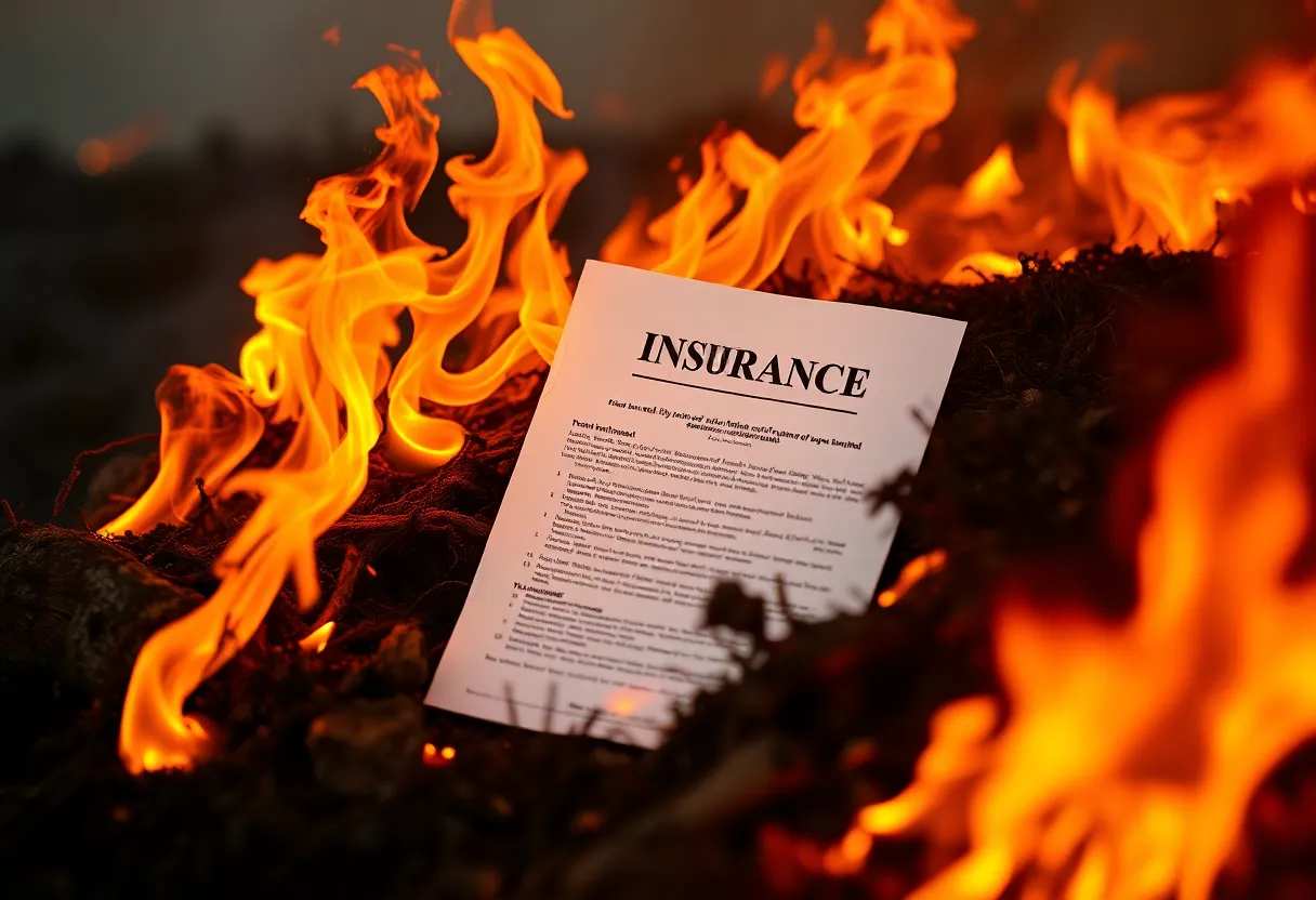 Visual representation of the California home insurance challenges with a wildfire background.