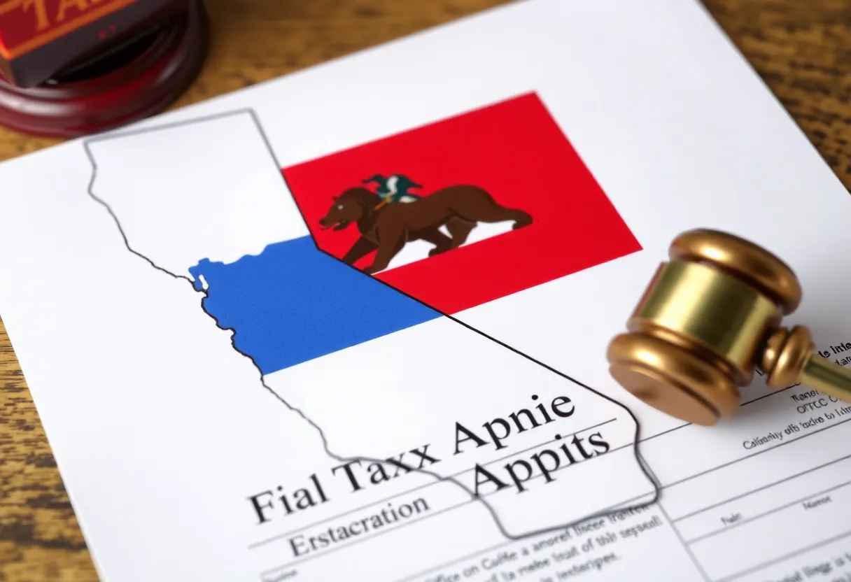 Symbolic representation of California's tax authority and legal documents.