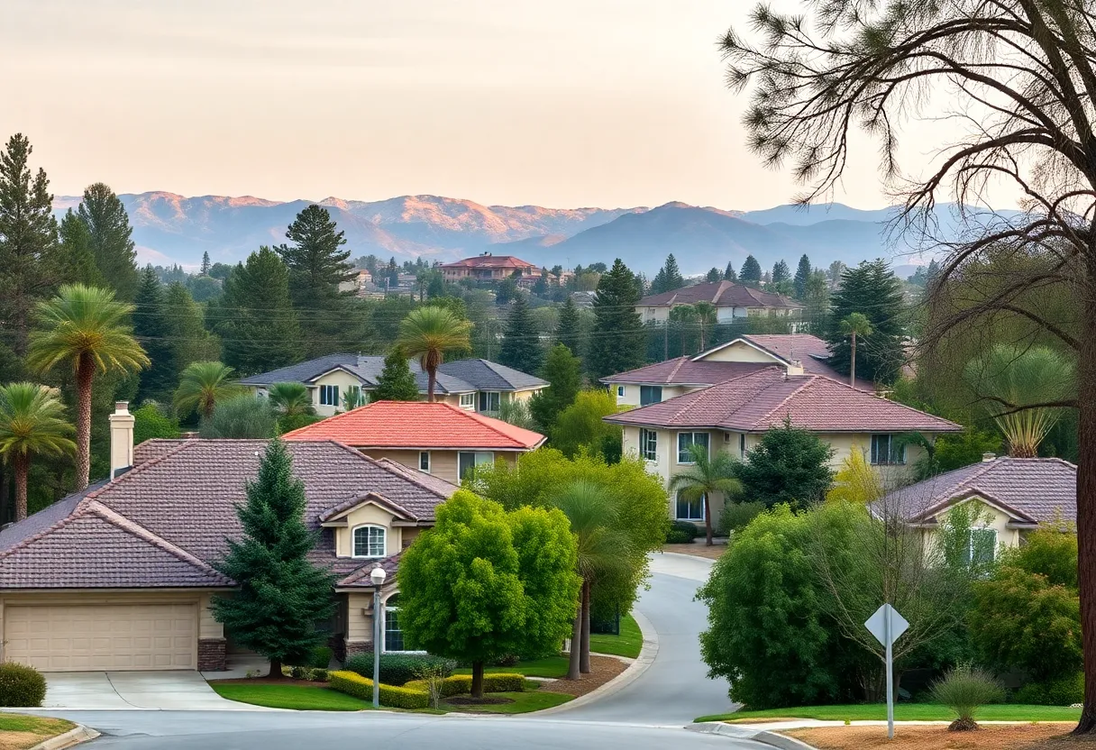 A neighborhood in California with homes at risk of wildfires