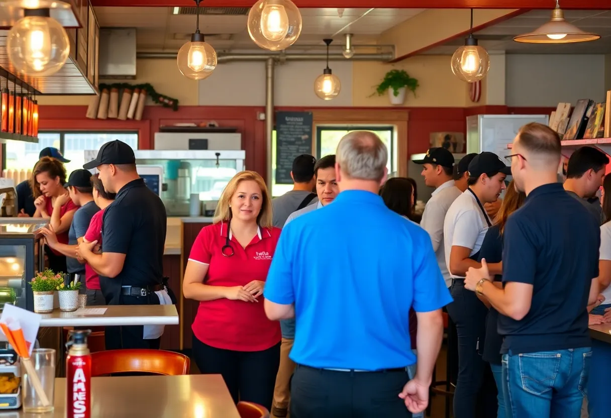 Staff working together in a California restaurant ensuring compliance