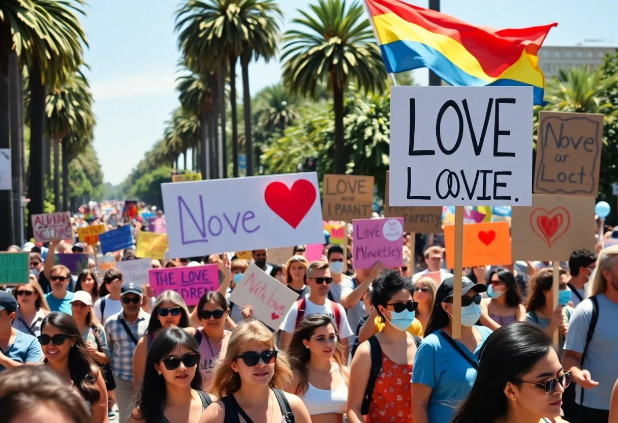 A diverse crowd participating in peaceful protests in California.