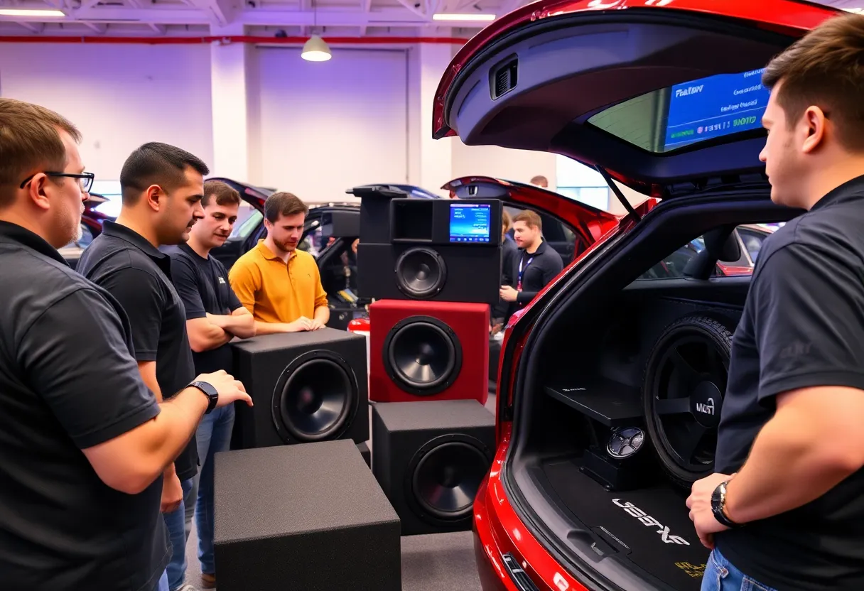 Participants at a car audio training workshop in Huntington Beach