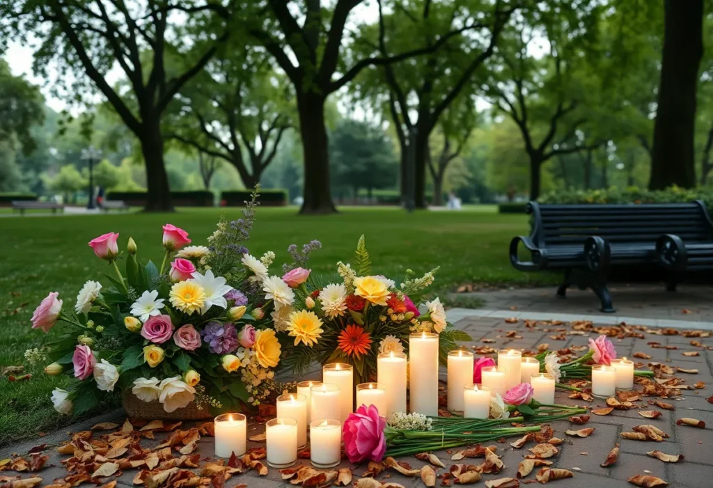 A peaceful park scene decorated for a life celebration