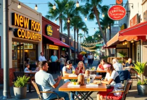 A lively street view of Cerritos showcasing new food businesses.