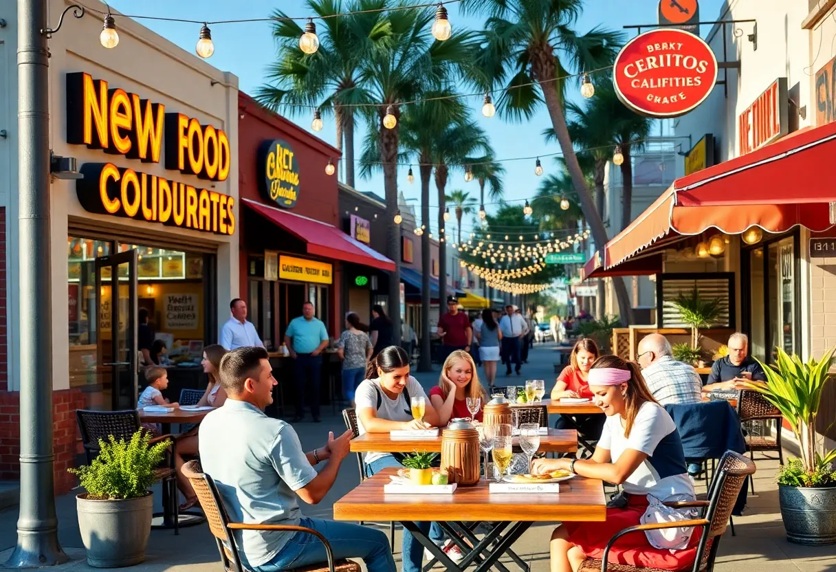 A lively street view of Cerritos showcasing new food businesses.