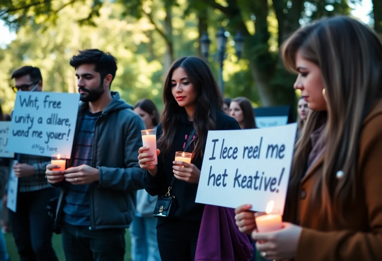 People gathered at a vigil holding candles and signs in remembrance.