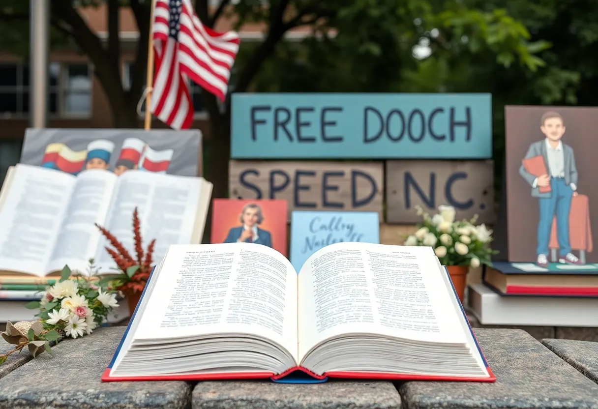 Artistic representation of a memorial celebrating free speech.