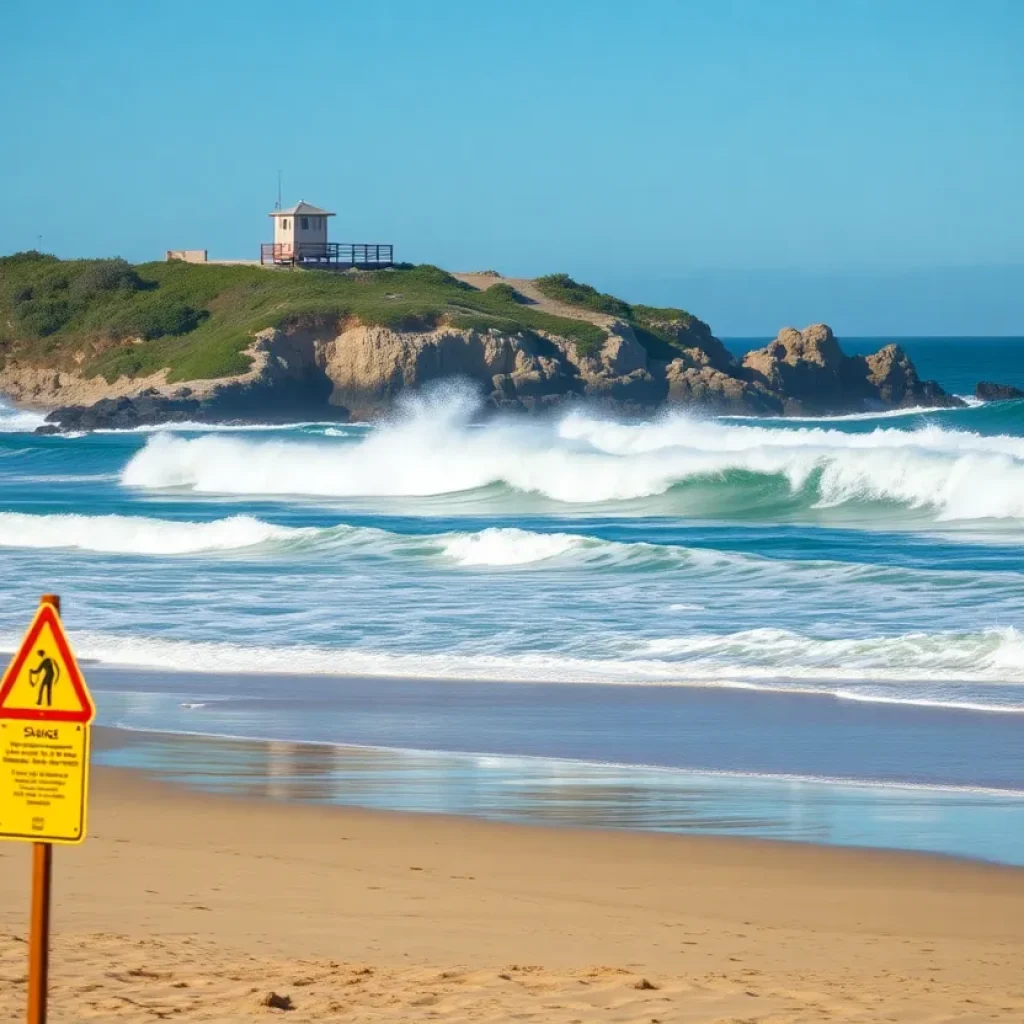 Crystal Cove Beach with high surf and lifeguard tower
