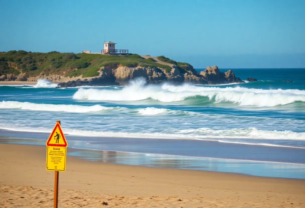 Crystal Cove Beach with high surf and lifeguard tower