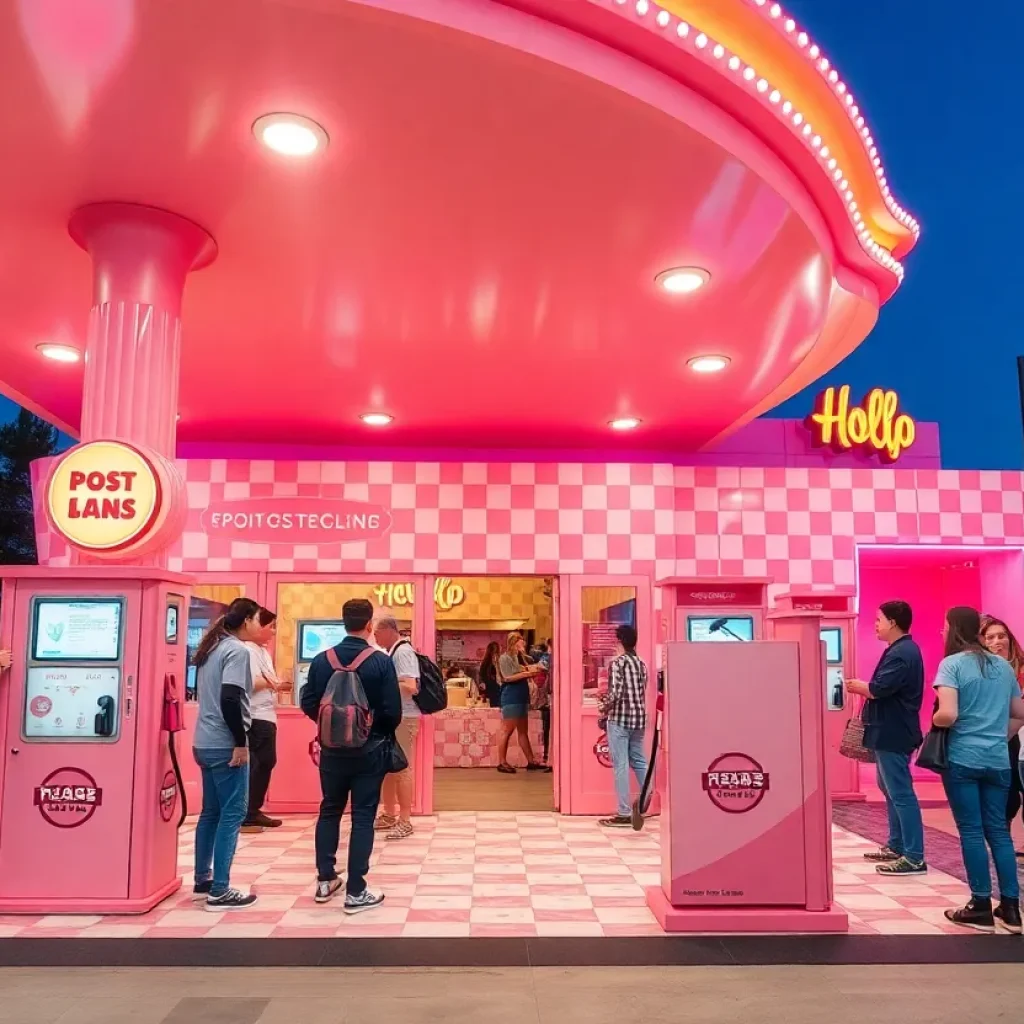 Crowd enjoying the Dandy Gas Station Tour in a colorful pop-up venue