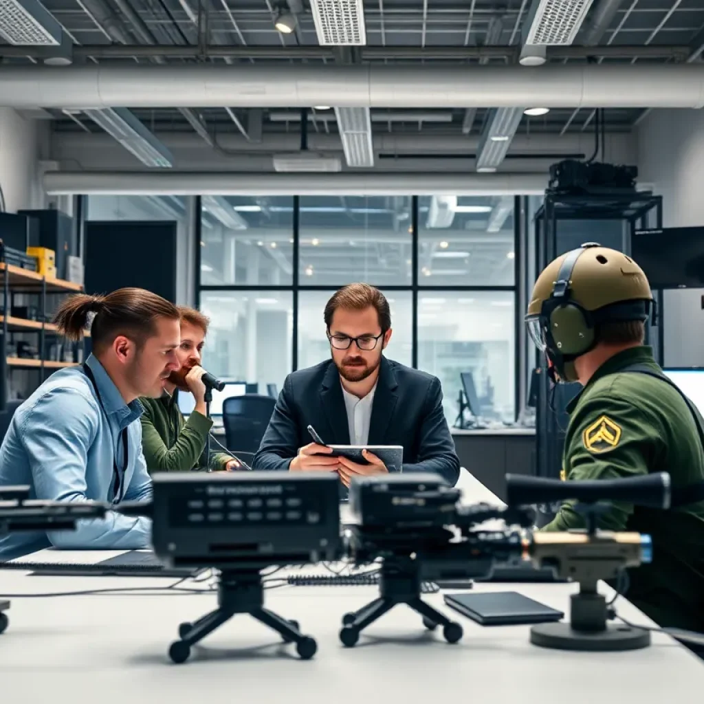 Collaborative workspace in a defense technology startup focusing on military innovations.