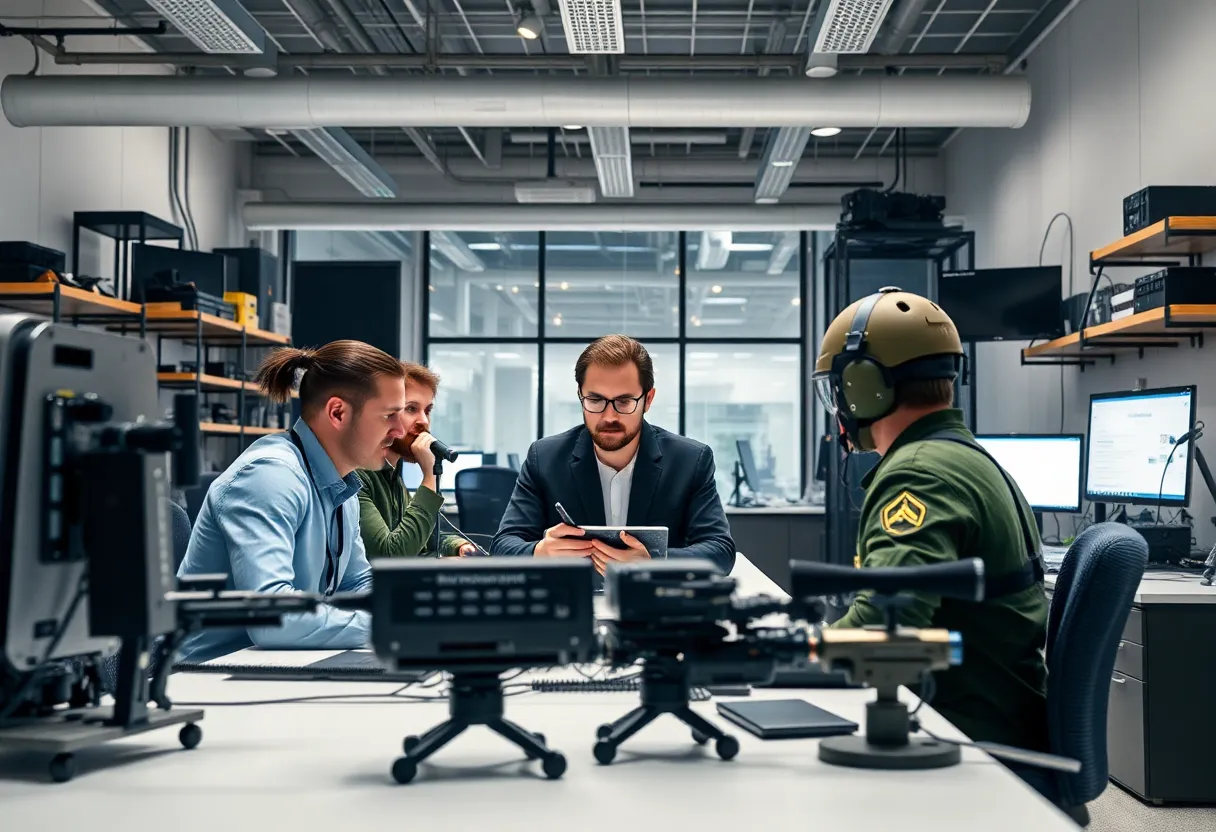 Collaborative workspace in a defense technology startup focusing on military innovations.