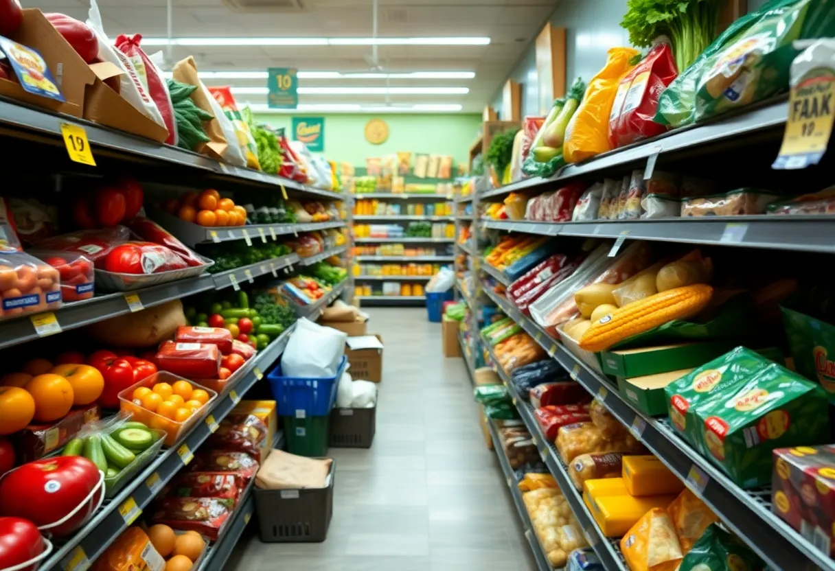 A grocery store aisle showcasing fresh produce and dairy with visible price tags.
