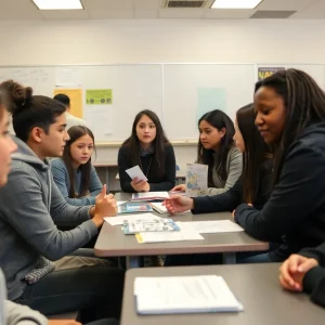 High school students engaging in a human trafficking awareness program