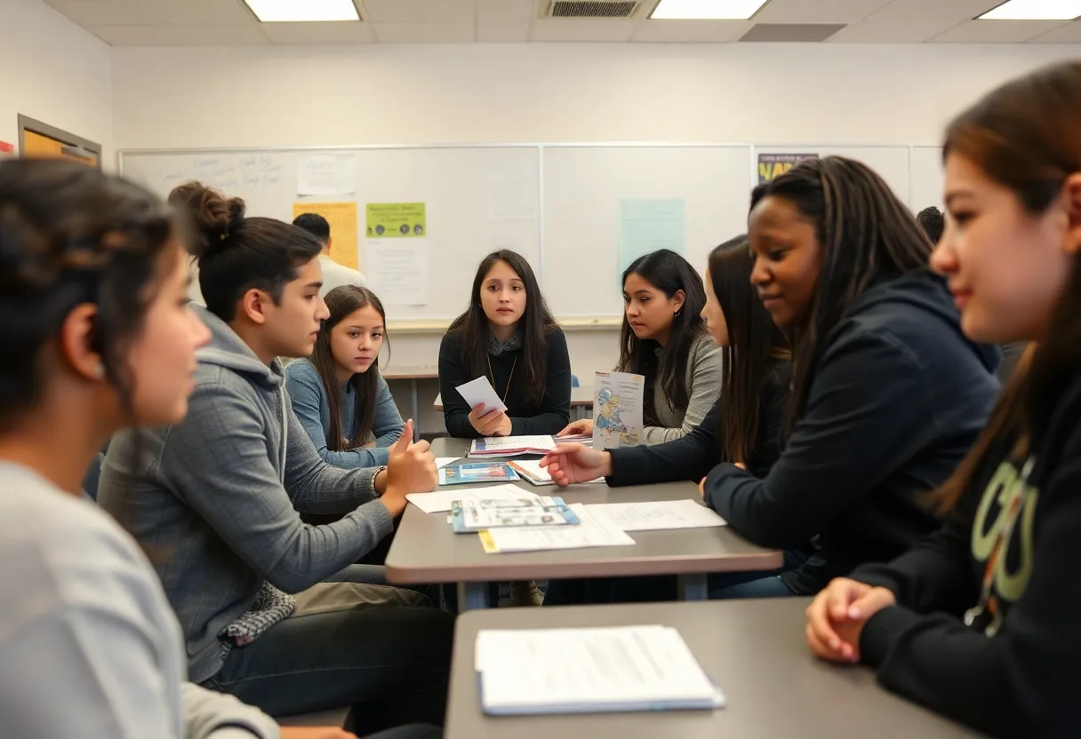 High school students engaging in a human trafficking awareness program