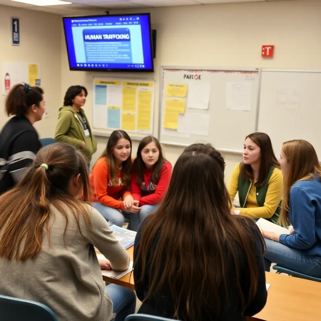 Students participating in a human trafficking awareness session