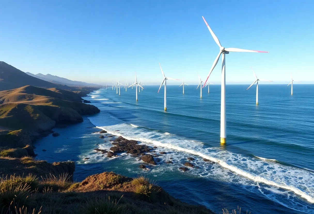 Conceptual image of floating wind turbines off the California coast