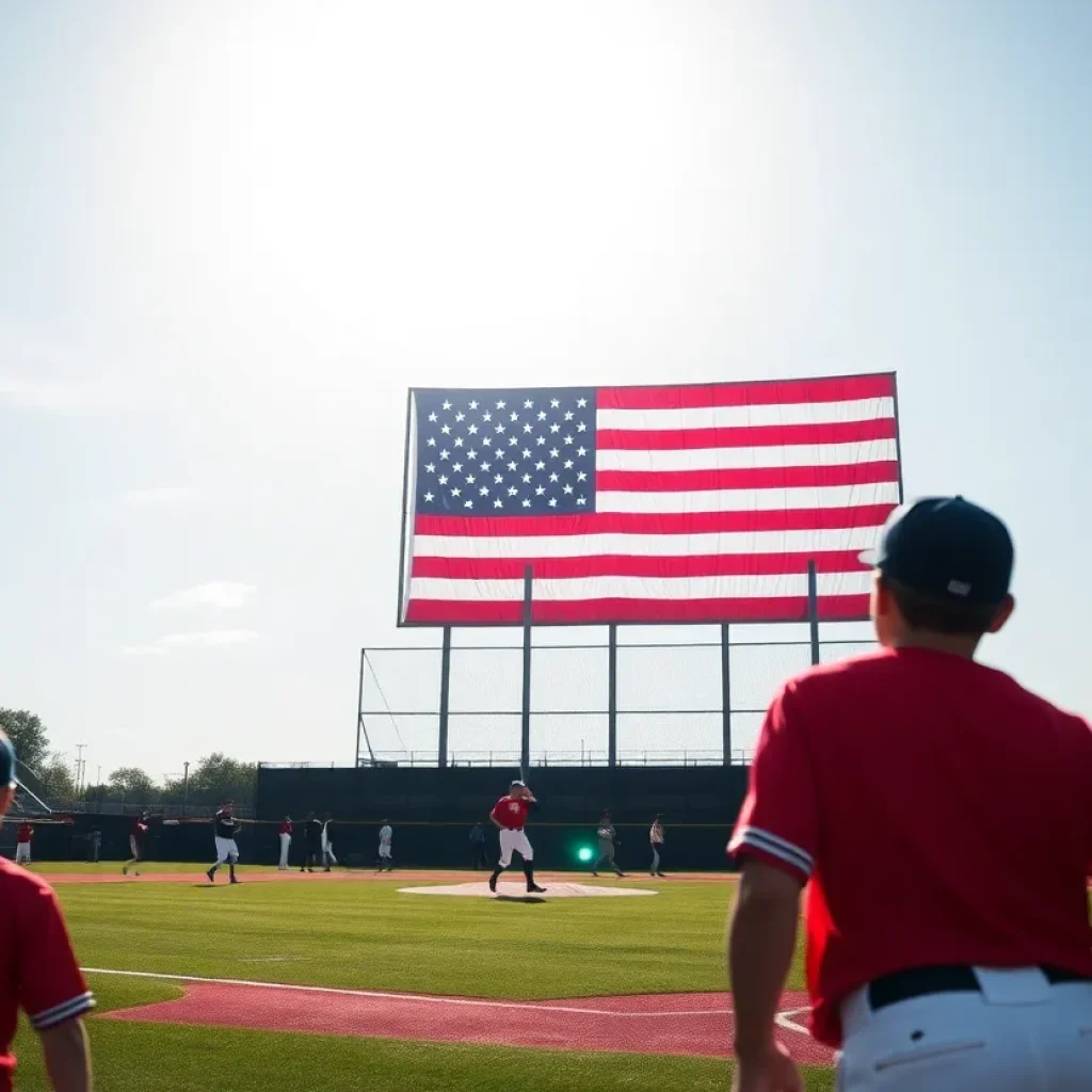 Youth baseball players practicing on a sunny field with an American flag.