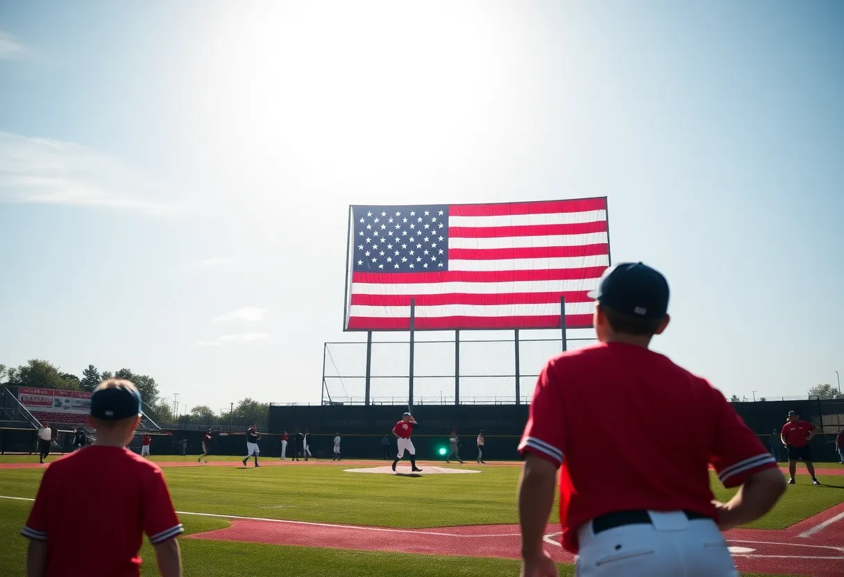 Youth baseball players practicing on a sunny field with an American flag.