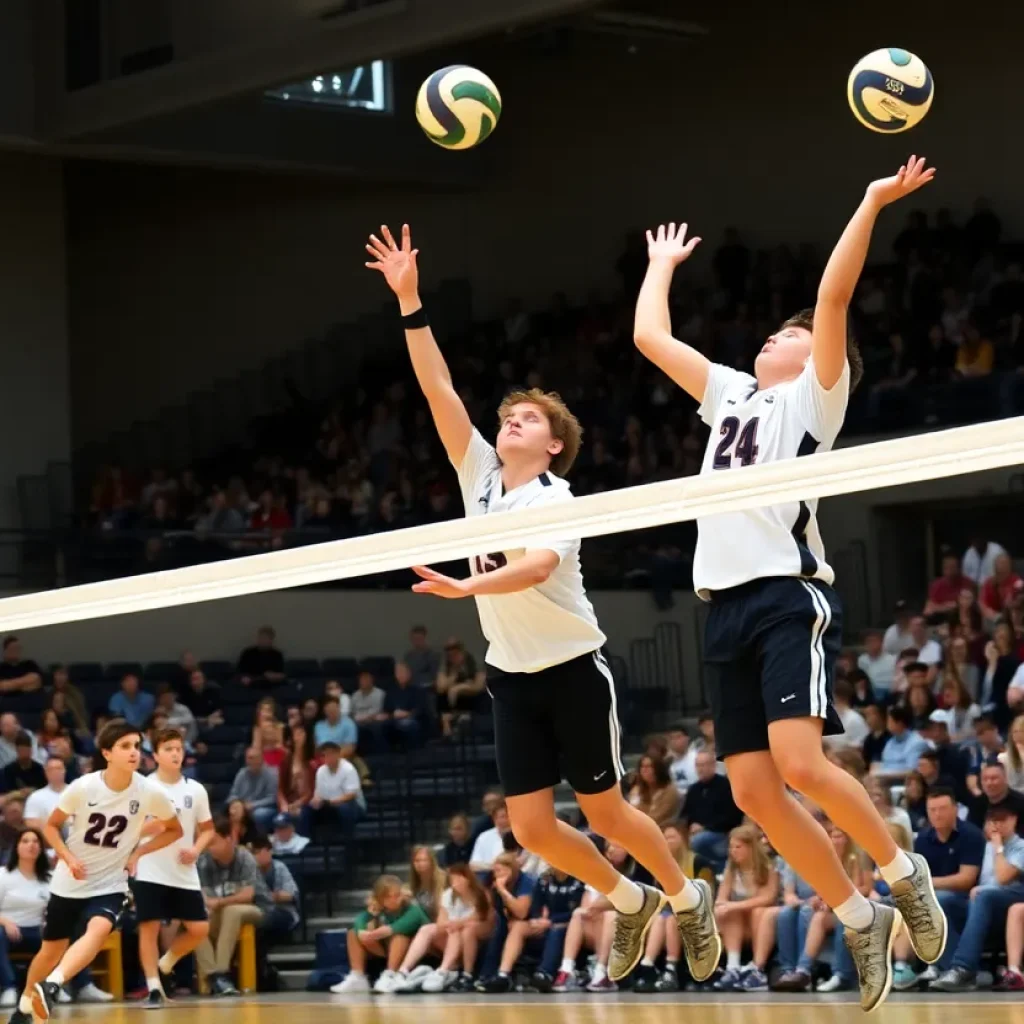 Players in action during Huntington Beach boys volleyball championship match