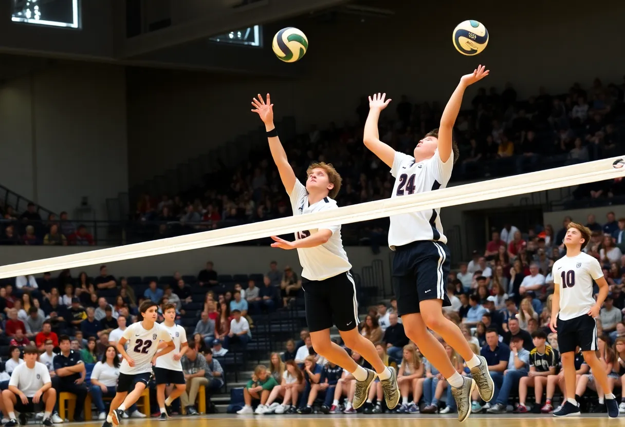 Players in action during Huntington Beach boys volleyball championship match