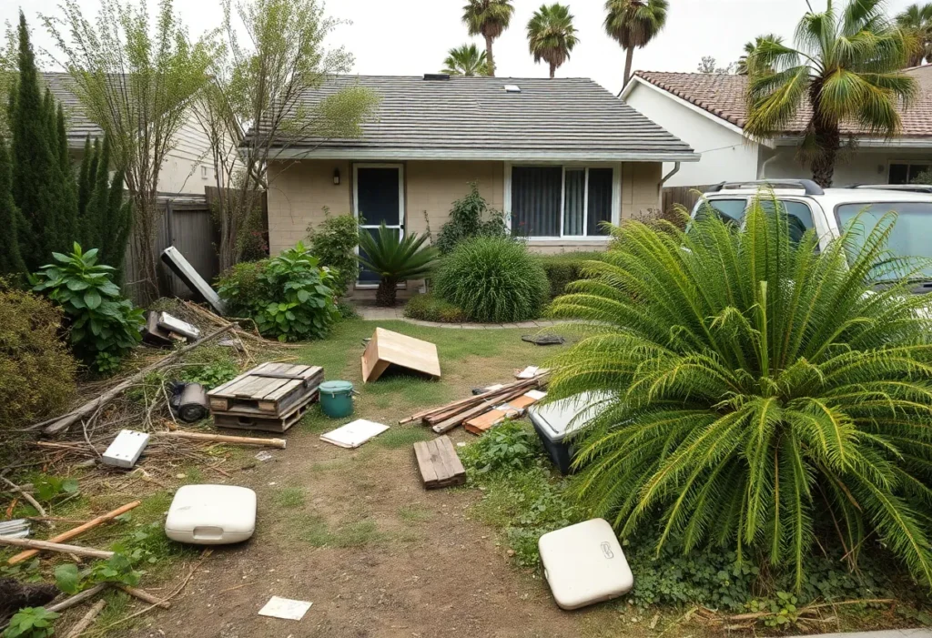 Overgrown clutter in a Huntington Beach neighborhood