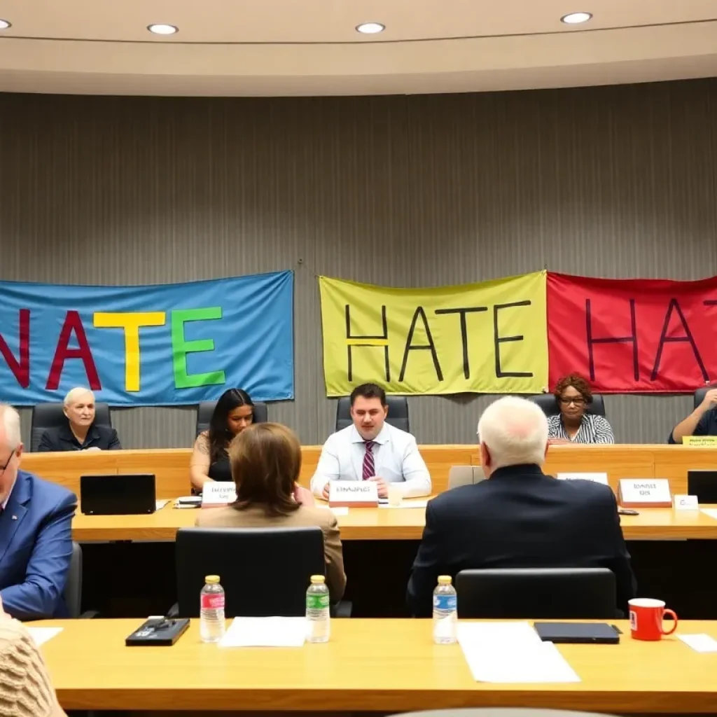 A diverse group of residents attending a Huntington Beach city council meeting promoting unity against hate.