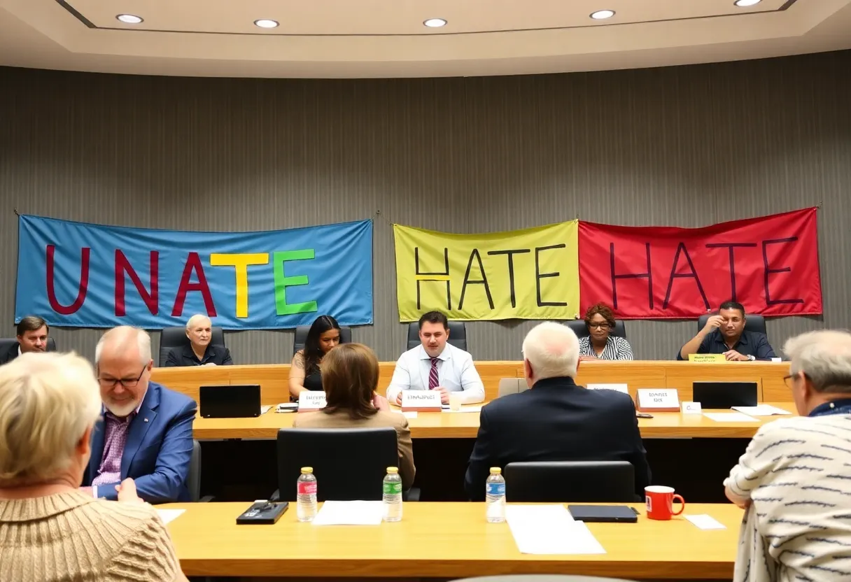 A diverse group of residents attending a Huntington Beach city council meeting promoting unity against hate.