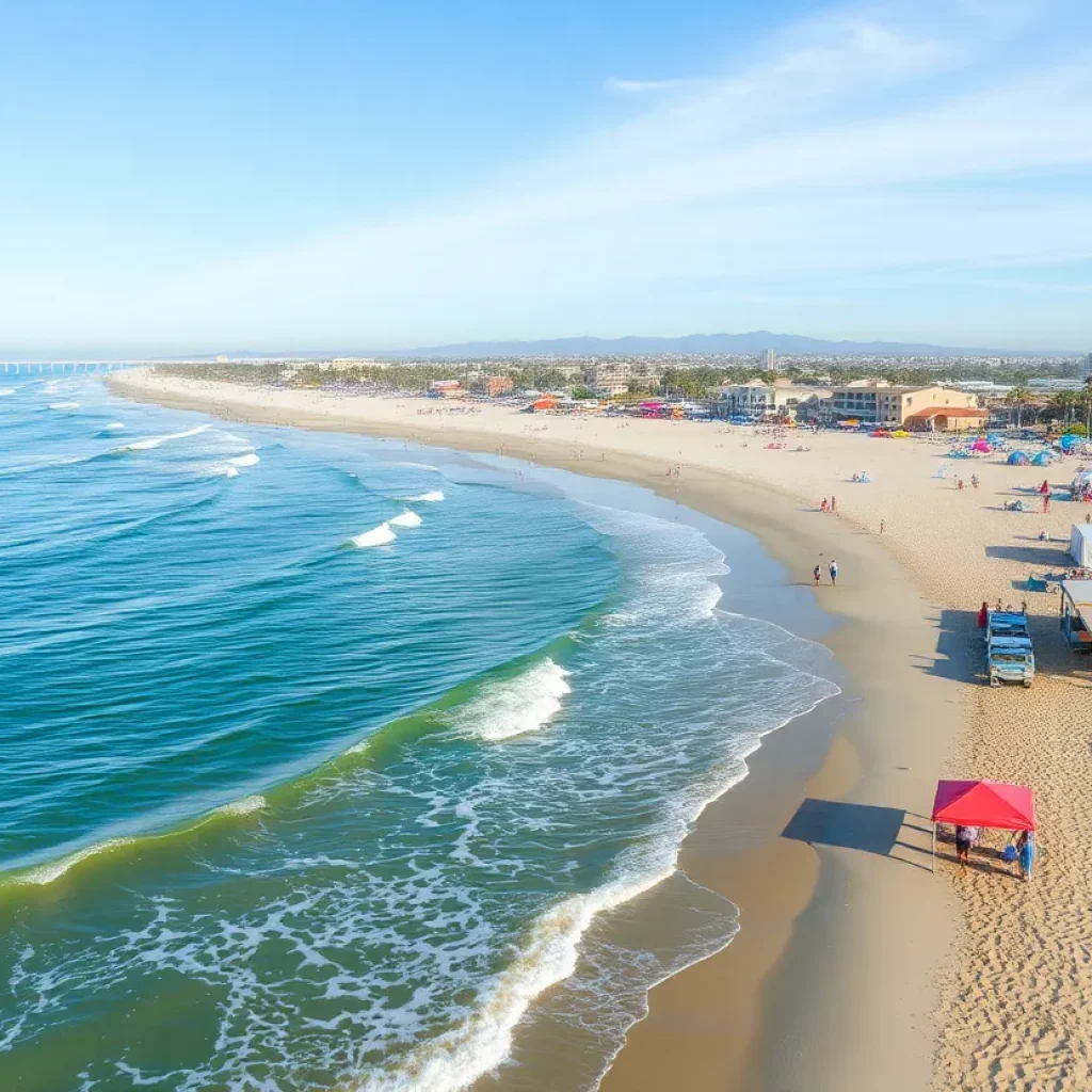 Festival activities at Huntington Beach with small waves in the background