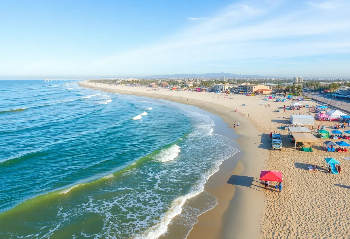 Festival activities at Huntington Beach with small waves in the background