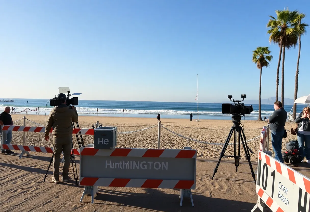 Filming crew and barricades at Huntington Beach