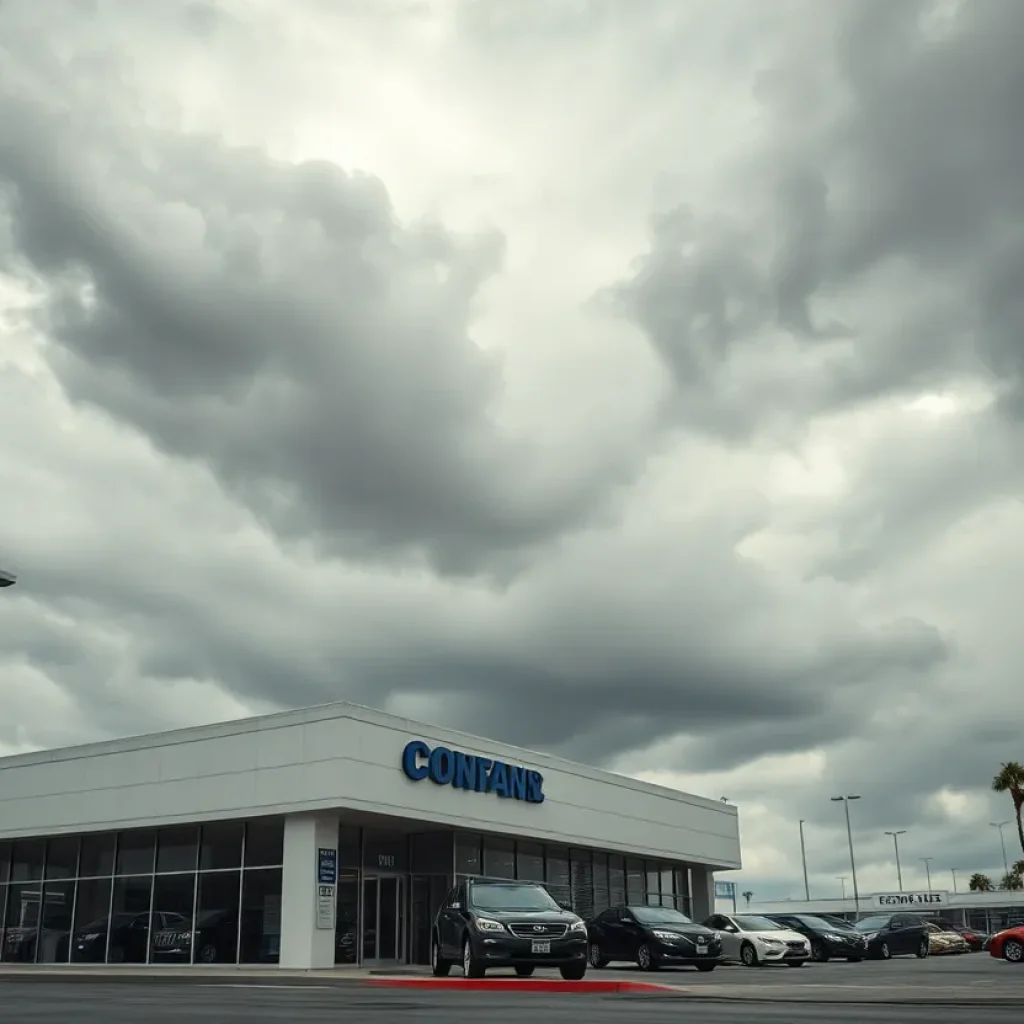 Huntington Beach Ford dealership with stormy skies