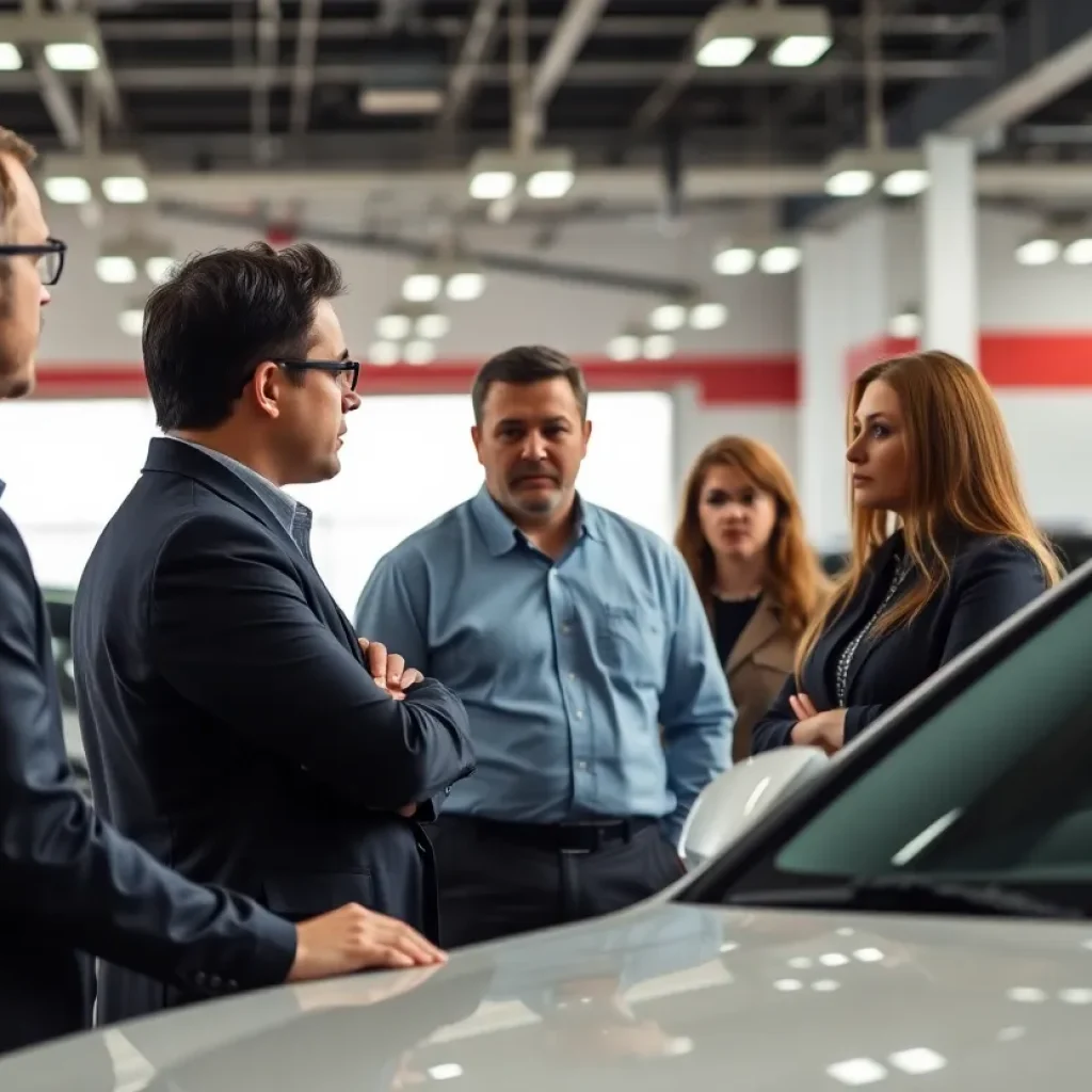 Investigators discussing allegations at an automotive dealership