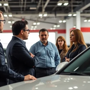 Investigators discussing allegations at an automotive dealership