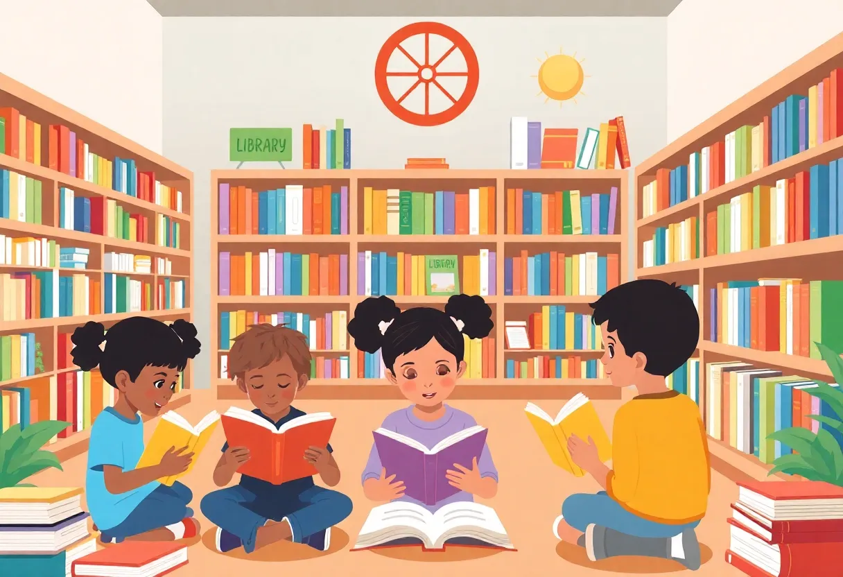 Children reading in a public library surrounded by diverse books.