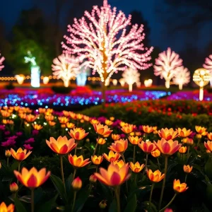 Illuminated flower display at Huntington Beach park
