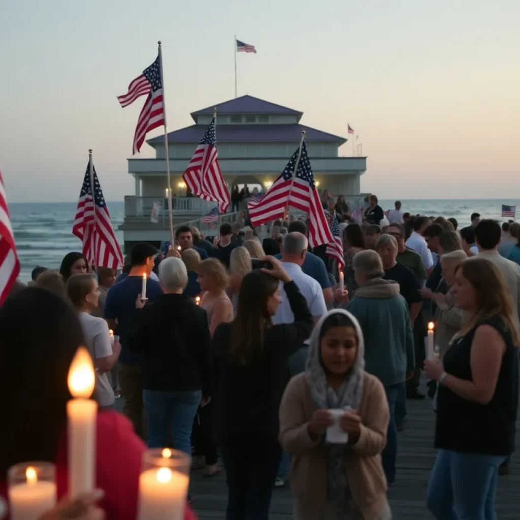 Candles and flags at a memorial vigil in Huntington Beach