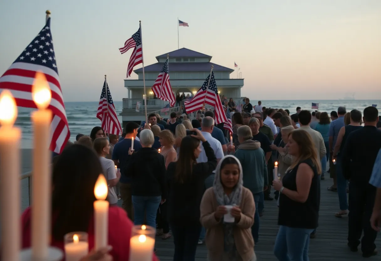 Candles and flags at a memorial vigil in Huntington Beach