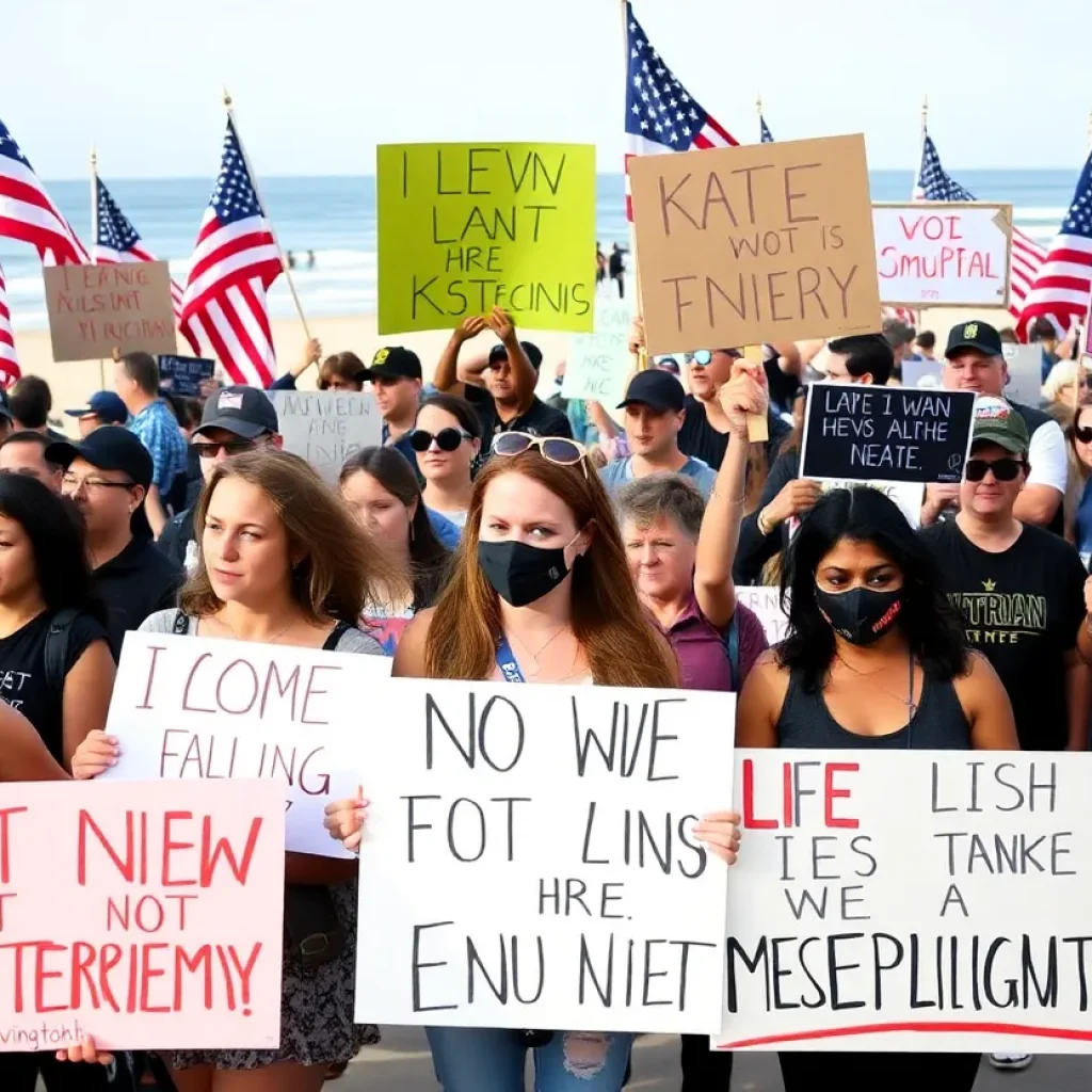 A diverse assembly of protesters in Huntington Beach expressing their views with signs and flags.