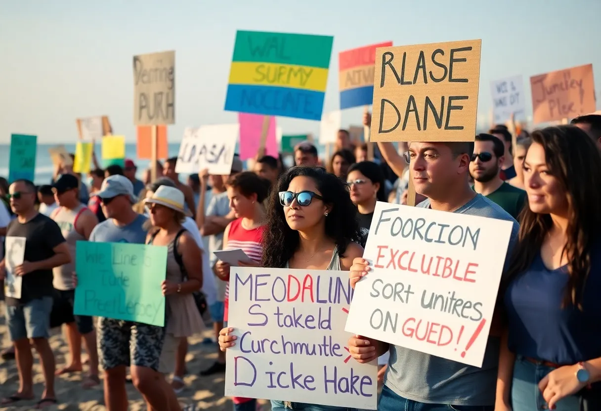 Diverse crowd protesting on Huntington Beach