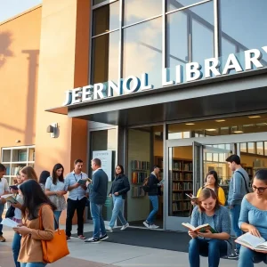 People exploring books outside Huntington Beach Public Library